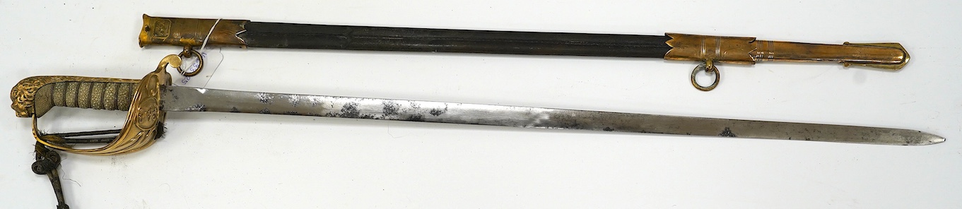 An unusual Victorian midshipman's sword, flat blade, regulation hilt with folding side guard, bullion dress knot, in its scabbard by Fraser and Davis, Portsmouth, blade 69cm. Condition - fair, well worn